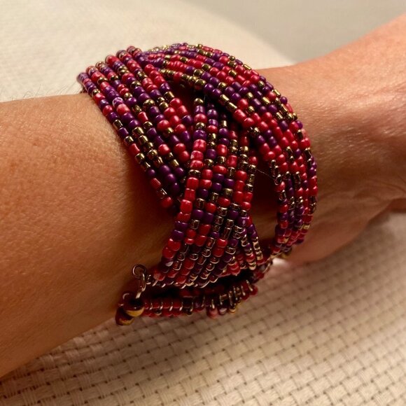 Gorgeous Oversized Boho Beaded Pink Cuff Bracelet - Picture 4 of 11